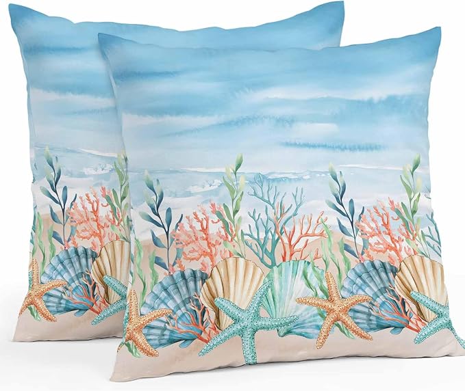 Throw Pillow Covers 26x26 Inch Set of 2, Summer Nautical Waterproof Outdoor Pillow Covers, Coastal Beach Starfish Coral Shell Blue Decorative Cushion Pillowcases for Couch, Sofa, Bed, Garden, Patio