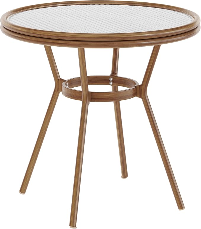 Flash Furniture Lourdes Indoor/Outdoor Commercial Bistro Table - Tempered Glass Top - PE Rattan - Natural Bamboo Print Aluminum Frame - 31.5" - White/Gray