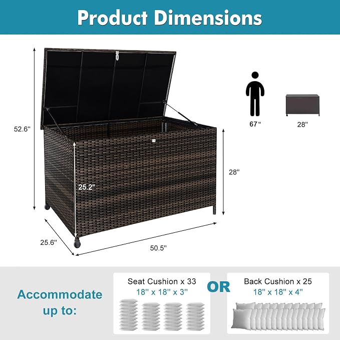 Outdoor Storage Box, 120 Gallon Waterproof Resin Wicker Deck Box for Patio Garden Furniture, Outdoor Cushion Storage, Padlock Included