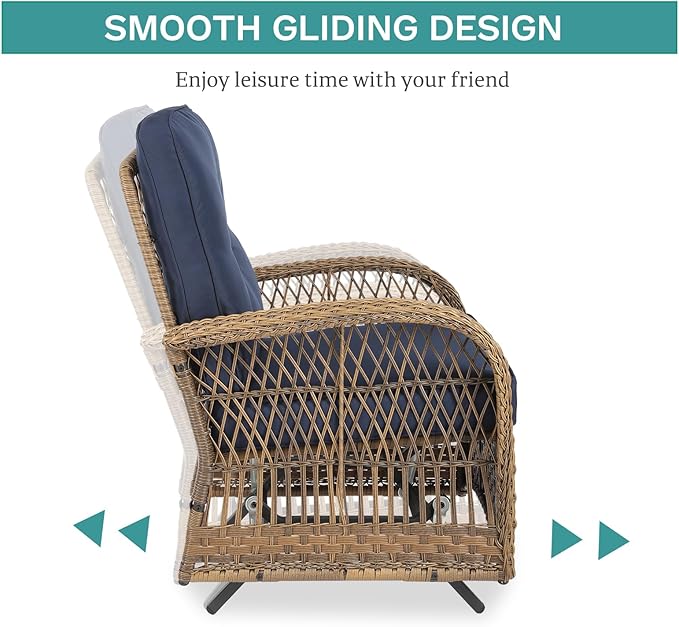 MEETWARM Patio Wicker Rocking Glider Set, All-Weather Outdoor Rattan Patio Rocking Chairs of 2, Patio Conversation Set with Thickened Cushions for Porch Garden & Backyard, Navy Blue