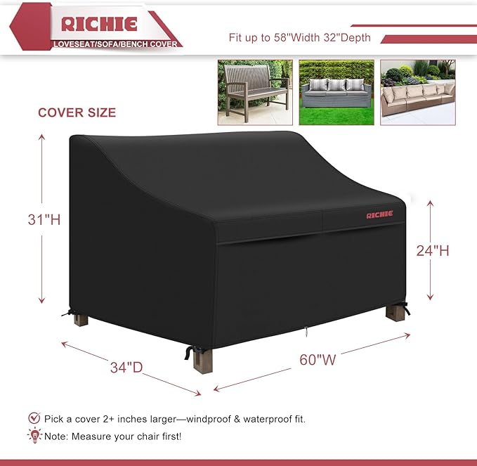 RICHIE Waterproof Patio Sofa Cover 2-Seater - Outdoor Furniture Covers for Loveseat/Couch with Air Vents & Handles, 60"W*34"D*31"H, Black