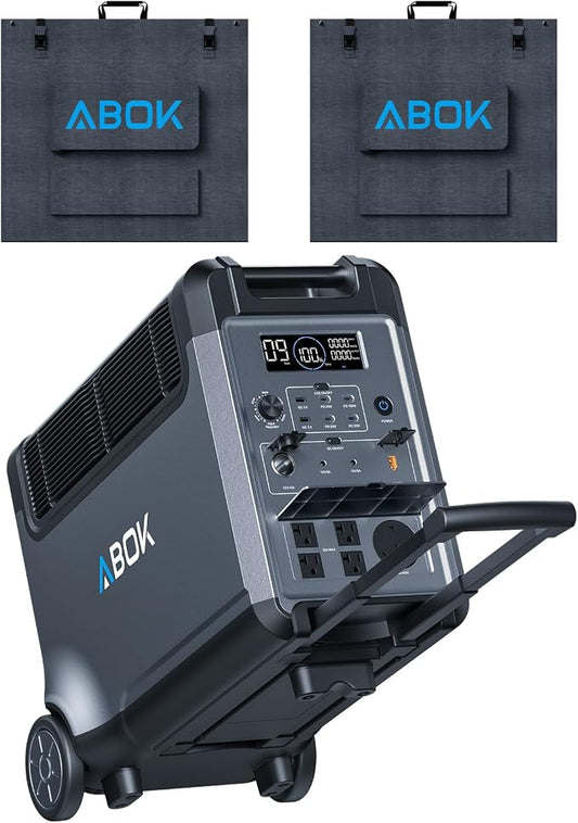 ABOK Ark3600 Portable Power Station with 2x Asp400 800W(2x400W) Solar Panels, 3840Wh LiFePO4 Solar Generator Bundle, 3600W Output, Expandable to 11520Wh, UPS, App for Home Backup, Camping, RVs