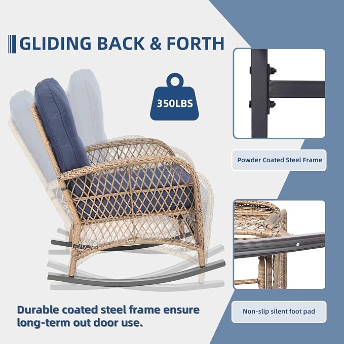4-Piece Wicker Patio Furniture Sets Outdoor All-Weather Rattan Conversation Set Includes Glider Loveseat, Glass-Top Coffee Table, 2 Rocking Chairs with Thickened Cushions, Navy Blue