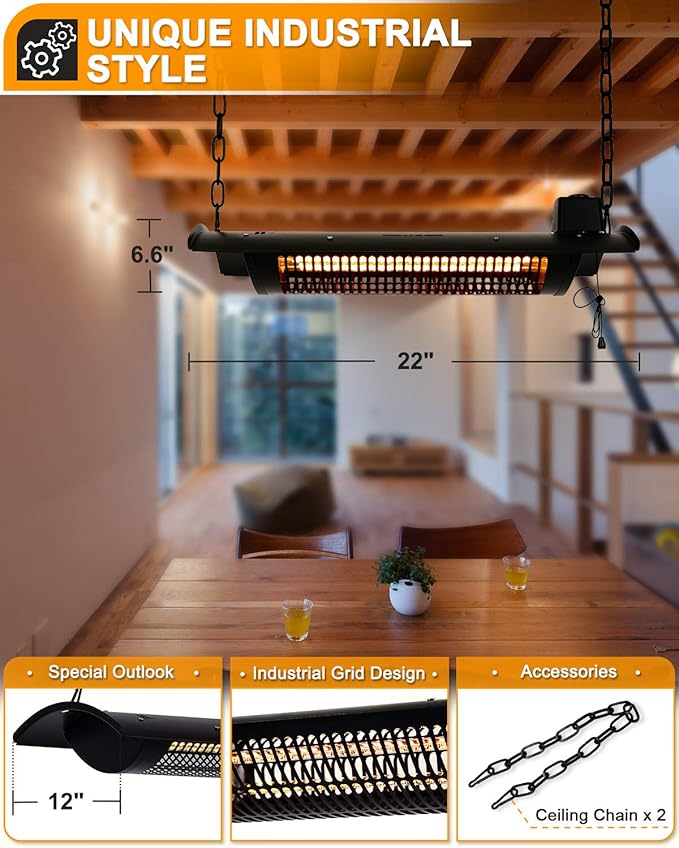 Star Patio Electric Patio Heater, Outdoor Heater, 750W/1500W Ceiling Infrared Heater with Rectangular Shape, Black, Silent Heating Hanging Patio Heater, IP44 Waterproof, STP2066-CN2025