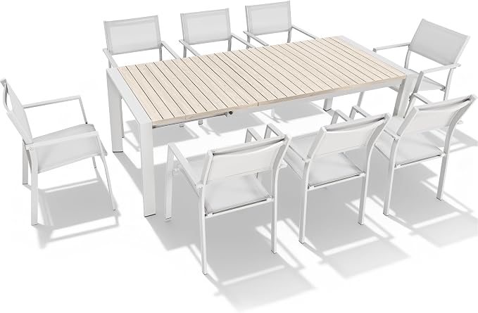 Outdoor Patio Furniture Set 9 Piece, Extendable Patio Dining Table for 6-10 People and 8 Patio Dining Chairs with Armrest, All-Weather Aluminum Patio Dining Furniture Set For Garden Lawn Deck
