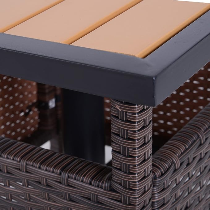 Outsunny 22" Outdoor Side Table with Umbrella Hole, Rattan Wicker End Table with Sand Bag and Steel Frame for Patio, Garden, Backyard, Brown & Light Yellow