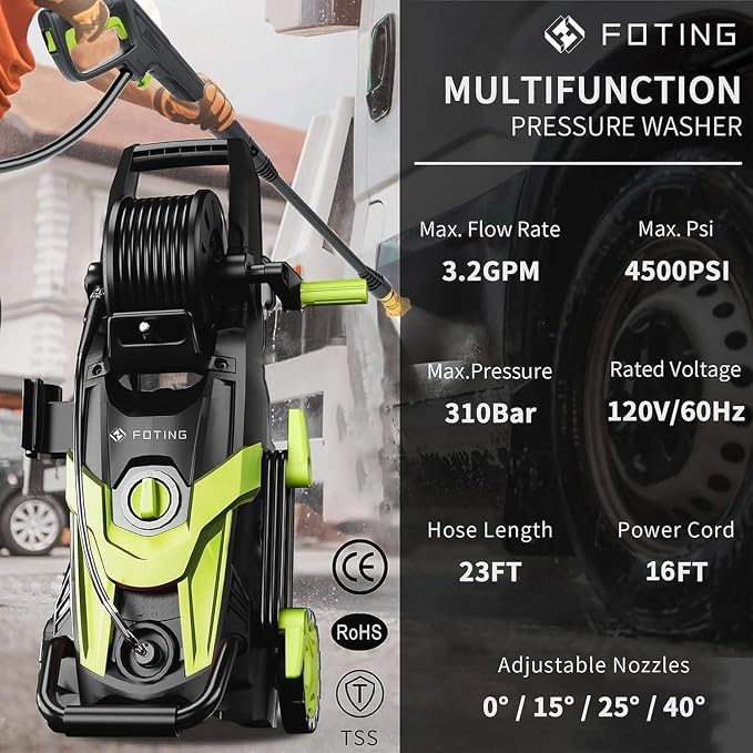 2026NEW Pressure Power Washer 4500PSI with 4 Quick Connect Nozzles, Inlet Hose & Filter, Foam Cannon for Cars/Fences/Driveways/Patios/Home Cleaning, Green