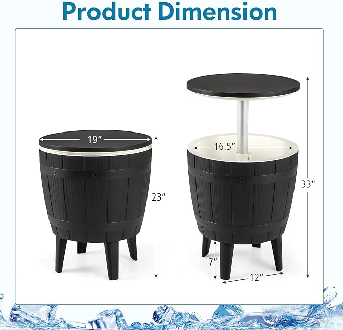LDAILY Outdoor Cooler Table, 3-in-1 10 Gallon Ice Bucket with Height-Adjustable Tabletop, Cocktail Side Table with 110LB Capacity & Drain Plug for Poolside, Backyard, Patio Parties (Black)