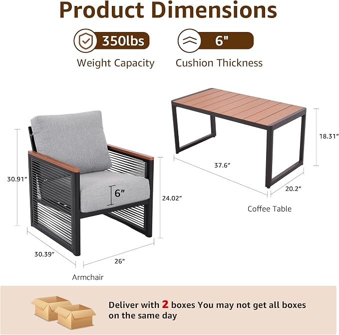 NATURAL EXPRESSIONS Aluminum 3-Piece Patio Bistro Set, Outdoor Furniture Set with 2 Armchairs and 1 Table, Fauxwood Armrest, 6" Olefin Cushion, Rattan Side-armrest for Porch, Yard, Balcony, Deck