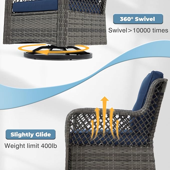 6 Pieces Wicker Patio Furniture Set Conversations Sets, 2 Outdoor 360° Swivel Rocking Chairs, Patio Swivel Glider Chair with Table and Ottoman for Garden, Poolside, Backyard (Grey)
