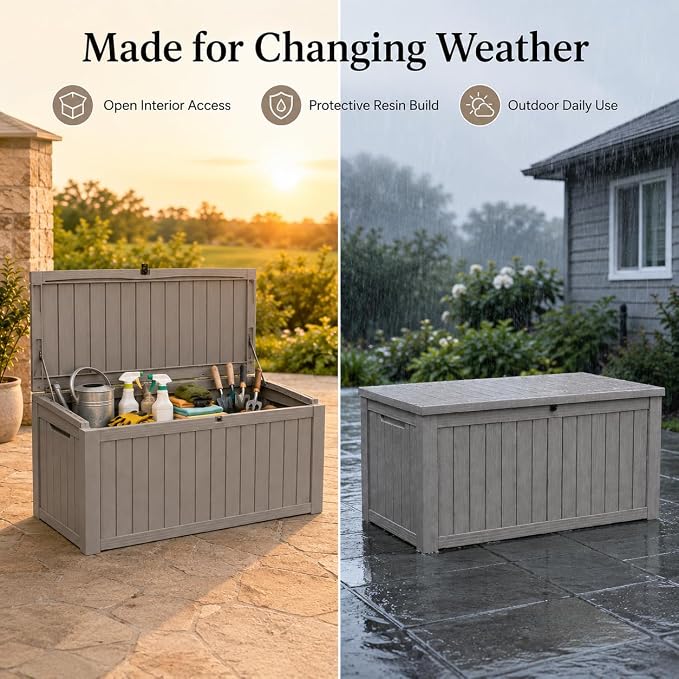 Outdoor Deck Patio Storage Box - 140 Gallon Large Outdoor Deck Box, Plastic Storage Bin with Lid, Outside Toy Box & Pool Storage Container for Cushions, Garden Tools, Towel, Brown