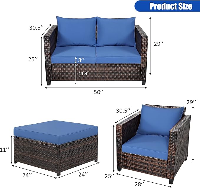 Tangkula 5 Pieces Patio Wicker Furniture Set, Outdoor Rattan Sofa Set with Removable Cushions, Loveseat with 2 Single Sofas & 2 Ottoman, Sectional Sunbed Conversation Set for Yard, Garden, Poolside
