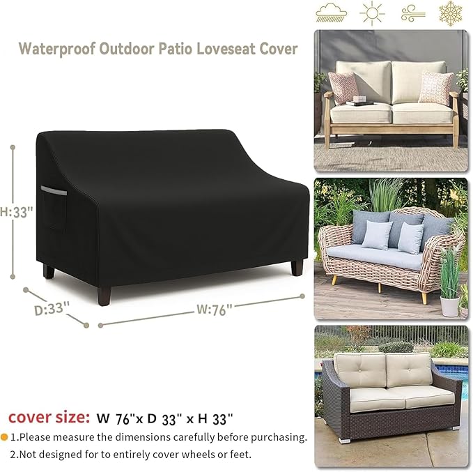 Waterproof Patio Loveseat Cover, 76W x 32.7D x 33H inches Heavy Duty 600D Weather-Resistant Outdoor Furniture Protector Black