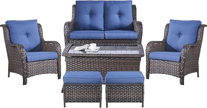 Belord 6 Pieces Patio Furniture Set Outdoor Wicker Furniture, 2 Patio Wicker Chairs with 1 Loveseat Sofa, Coffee Table and Ottomans, Patio Conversation Set for Porch Garden Deck Balcony Poolside