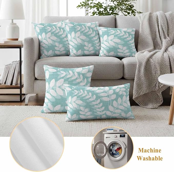 Pale Teal Leaves Outdoor Waterproof Throw Pillow Covers 26x26 Set of 2, Farmhouse Botanical Branch Vintage Boho Leaf Decorative Pillowcases Cushion Pillowcase for Couch Sofa Patio Pillow Protector