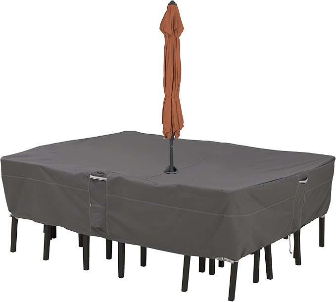 Classic Accessories Ravenna Water-Resistant 108 Inch Rectangular/Oval Patio Table & Chair Set Cover with Umbrella Hole, Outdoor Table Cover