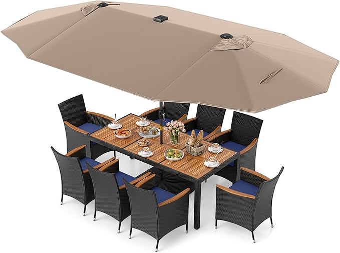 Tangkula 11 Pieces Patio Dining Set with Double-Sided Led Patio Umbrella (Base Included), with 8 Stackable Chairs, Acacia Wood Dining Table and Large Umbrella with Solar Lights (Coffee + Navy)