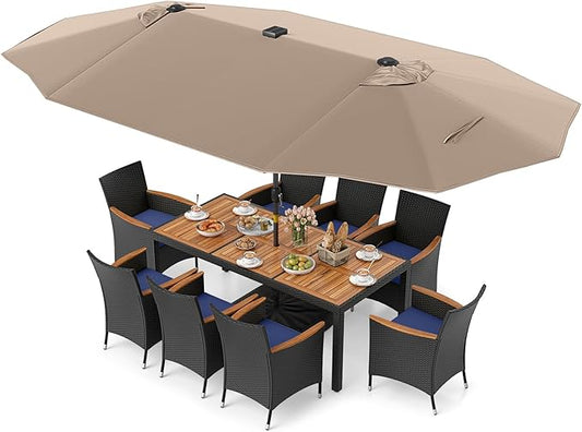 Tangkula 11 Pieces Patio Dining Set with Double-Sided Led Patio Umbrella (Base Included), with 8 Stackable Chairs, Acacia Wood Dining Table and Large Umbrella with Solar Lights (Coffee + Navy)