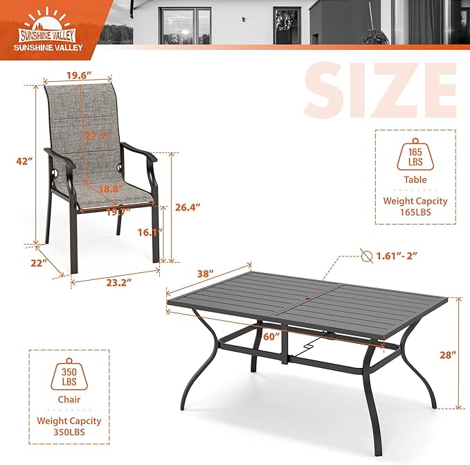 SUNSHINE VALLEY 7 Piece Patio Dining Sets for 6, Outdoor Table and Chairs Set with Patio Dining Table(1.61-2" Hole) and 6 High Back Textilene Patio Dining Chairs, Outdoor Dining Sets for Deck Backyard