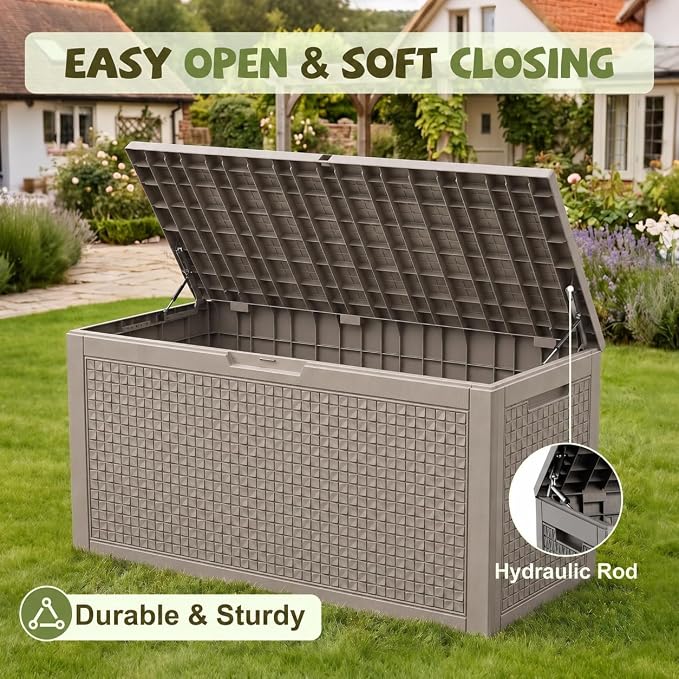 150 Gallon Outdoor Storage Box, Large Resin Deck Box Waterproof, Lockable Toy Storage Container, Storage Bins with Lids for Patio furniture, Garden Tool Box, Grey