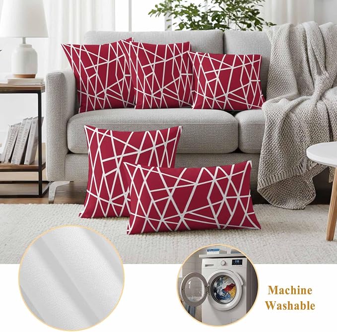 Outdoor Pillow Covers Waterproof, Red Geometric Decorative Square Throw Pillowcases Patio Cushion Covers for Tent/Garden, 18" x 18" 2 Pack, Abstract Stripes Modern Minimalist