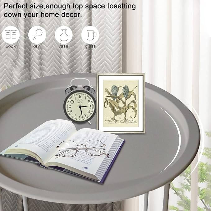 Garden 4 you End Table Metal Side Table Grey Round Folding Tray Cyan Sofa Small Accent Fold-able Table, Round End Table Tray, Next to Sofa Table, Snack Table for Living Room and Bed Room