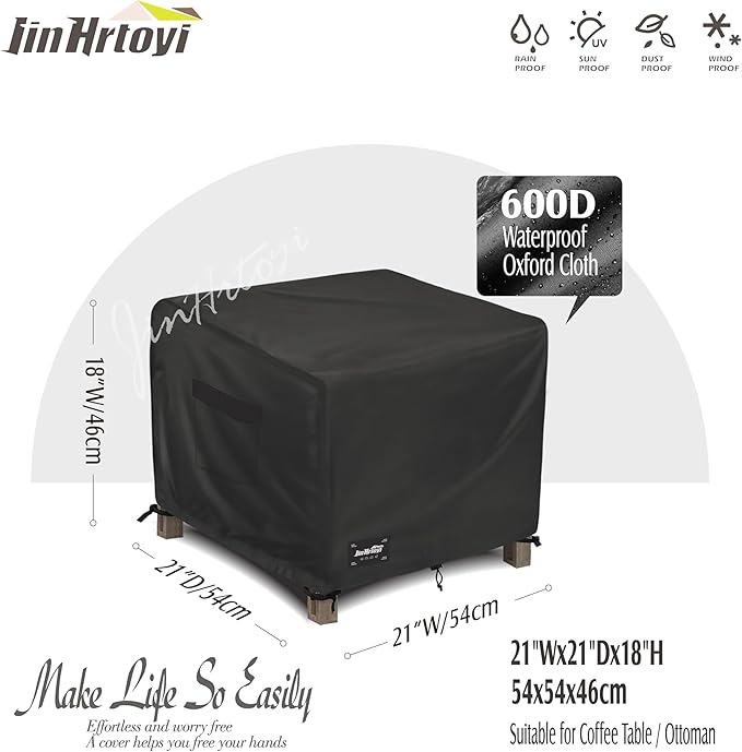 JinHrtoyi Patio Square Table Cover,22Wx22Dx18H Inches 100% Waterproof Heavy Duty Outdoor Coffee Table Cover,Black Minimalism Style Outdoor Furniture Covers