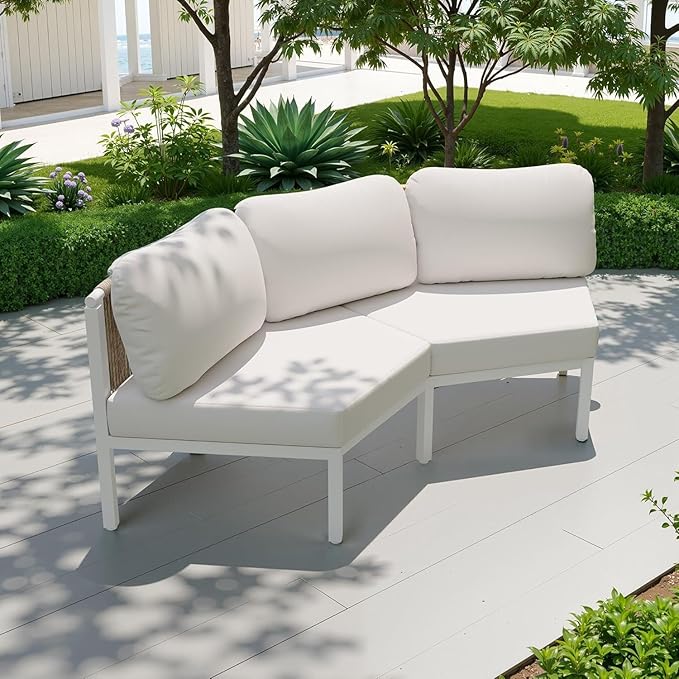 Pellebant 2-Piece Modern Curved Patio Conversation Set - Aluminum Half Moon Outdoor Sofa Furniture, Sturdy All-Weather Seating for Porch, Balcony, Garden, Beige