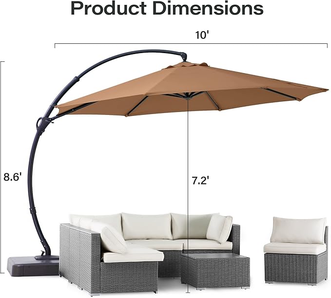 LAUSAINT HOME 10FT Curvy Cantilever Patio Umbrella with Base, 360° Rotation Offset Outdoor Umbrella, Heavy Duty Hanging Umbrella for Backyard, Pool, Garden（Tan）