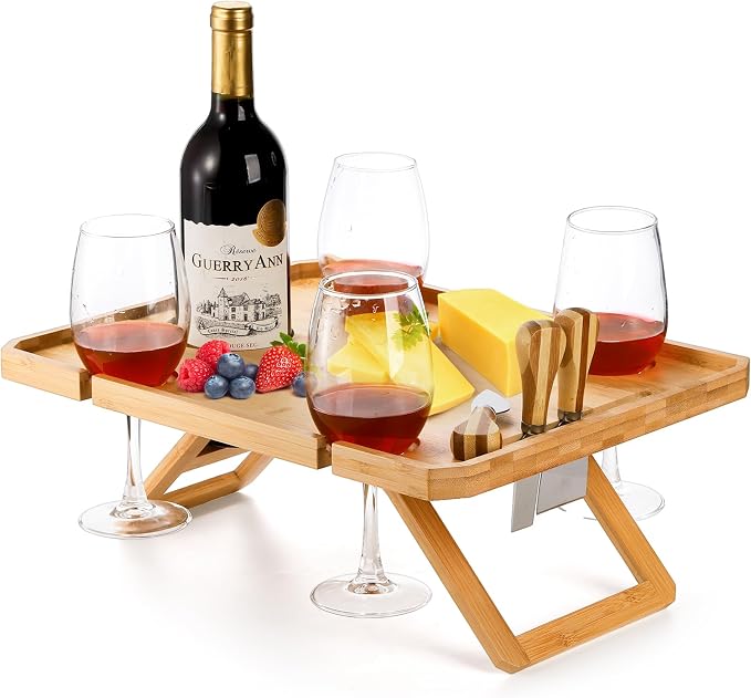 Kingrol Bamboo Picnic Wine Table, Foldable Outdoor Snack Table with Bottle Holder, 4 Glass Slots and Knife Slot, 16.1 x 12.5 x 6 in
