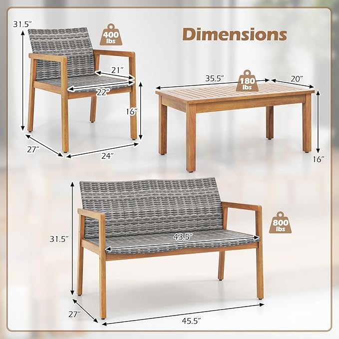 HAPPYGRILL 4-Piece Patio Furniture Set, PE Rattan Patio Bistro Set with Loveseat, Single Chairs & Coffee Table, Outdoor Acacia Wood Conversation Set for Garden, Backyard, Poolside & Porch