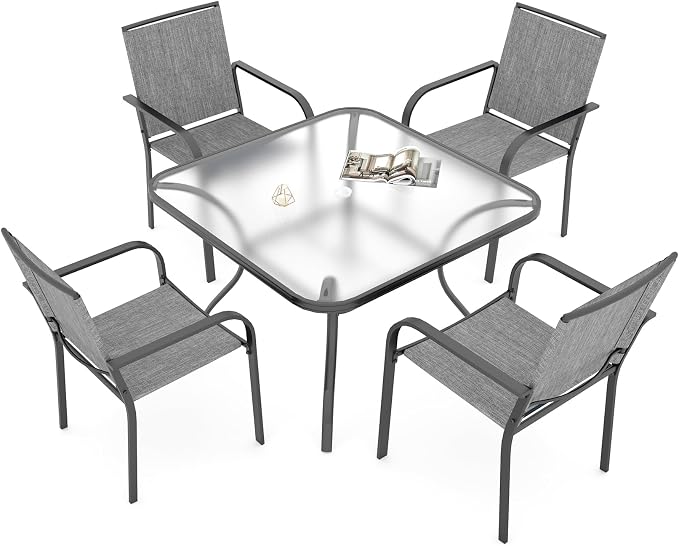 5 Piece Outdoor Patio 37" Square Glass Table and Grey Stackable Chairs Set | 4 Piece Stackable Chairs Textilene Seat and Back, Table & Chair with Metal Frame, Square Glass Table Top, 1.7" Umbrella Hole