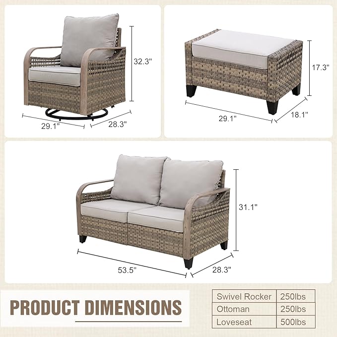 Modern Wicker Patio Furniture Set, Rattan Outdoor Conversation Set with Comfortable Cushions, 2 Swivel Rocking Chairs, 2 Seat Loveseat and 2 Ottomans, 5 Pieces, Brown/Gray