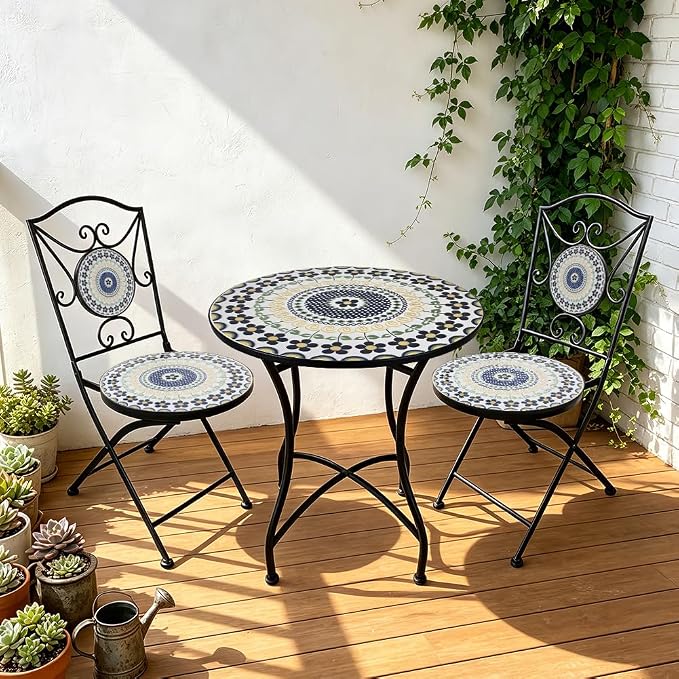 3 Piece Bistro Sets Mosaic Tile Round Table Folding Chairs Garden | Set of 3 Patio Furniture 23.6" Table and 2 Chairs Outdoor Bistro Chairs Artistic Table for Balcony Porch Apartment Backyard