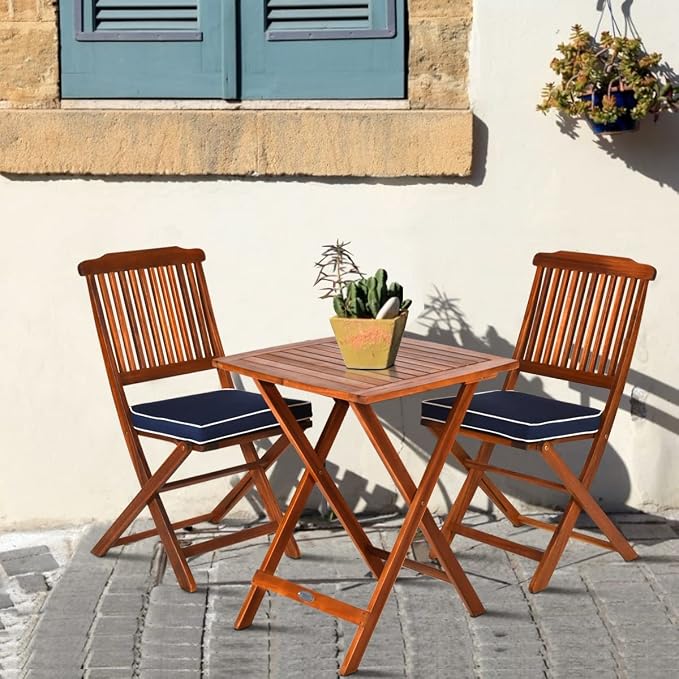 3PCS Patio Folding Wooden Bistro Set Cushioned Chair Conversation Table Seat Cushion