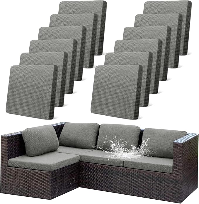 CALBODE 12Pcs Outdoor Stretch Cushion Covers,Waterproof Outdoor Chair Cushion Covers for Patio Furniture, Washable Jacquard Couch Covers Replacement for Patio Furniture(Grey, Cover Only)