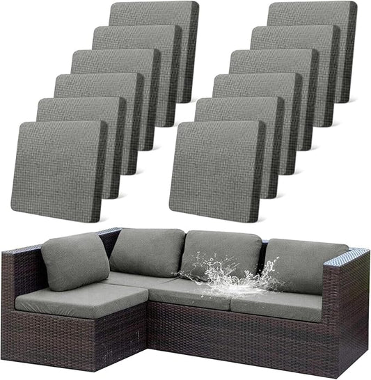 CALBODE 12Pcs Outdoor Stretch Cushion Covers,Waterproof Outdoor Chair Cushion Covers for Patio Furniture, Washable Jacquard Couch Covers Replacement for Patio Furniture(Grey, Cover Only)