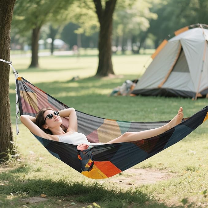 FRMG Colorful Geometric Triangles Camping Hammock 500 lbs Capacity Portable Hammocks with Tree Straps & Attached Carry Bag, Camping Essentials Gear A0900360a