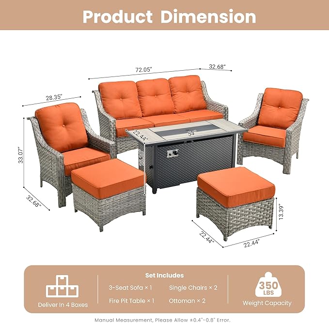 HOOOWOOO Patio Furniture Set,6 Pieces Wicker Outdoor Furniture,High Back Conversation Set with All Weather Resistant Fire Pit Table Couch Chairs Ottomans,Red