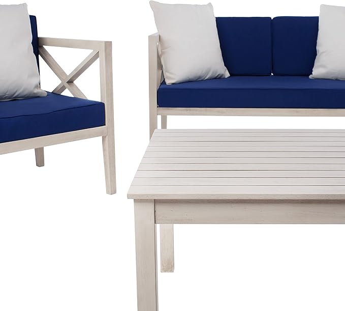 Safavieh PAT7031A Collection Nunzio Teak and White and Navy 4 Pc Accent Pillows Outdoor Set