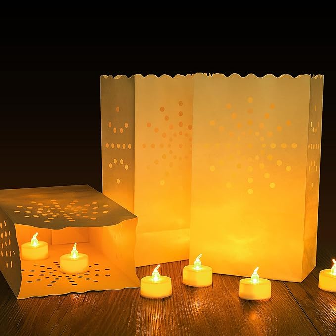 AceList 30 Set Luminaries Bag with Flameless Candles， Flickering LED Tea Lights with Paper Luminary Bags Battery Operation for Wedding Party,Halloween, Thanksgiving, Christmas Decoration（Sun）