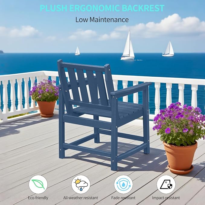 Outdoor Patio Chair, All-Weather HDPE Outdoor Furniture Chairs with Backrest and Armrest, 300 lbs Support Patio Dining Chair for Garden, Deck, Porch, Navy