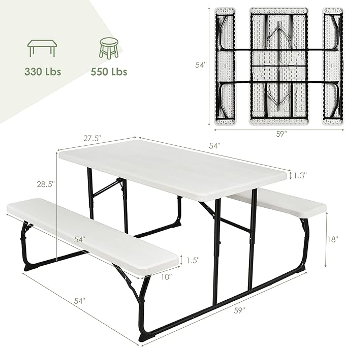 Giantex Folding Picnic Table Bench Set, Outdoor Dining Table Set, Large Camping Table for Patio Deck Lawn Garden Backyard Poolside, Portable Picnic Tables, Weather Resistant Metal Frame, White