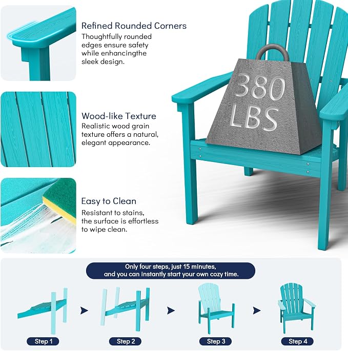 nevilywood Compact Stackable Adirondack Chairs,All Weather HDPE,380lb,Aruba | 26.3" Wide HDPE.All-Weather Outdoor.Maintenance-Free.Stackable for Storage.25°Curved Straight Backrest.Quick Assembly