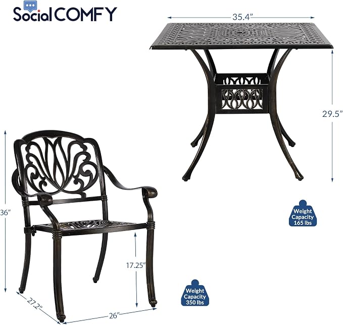5-Piece Outdoor Patio Dining Set, All-Weather Cast Aluminum Patio Conversation Set, Includes 35.4 inch Square Table w/Umbrella Hole and 4 Chairs for Balcony Lawn Garden, Antique Bronze