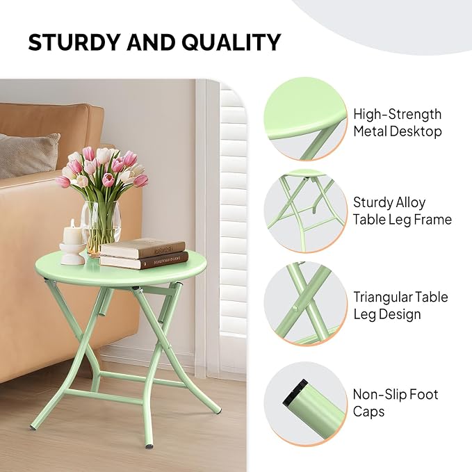 VINGLI Patio Metal Folding Side Table, Portable Small Outdoor Folding Round Table, Perfect for Indoor and Outdoor Spaces Like Balconies, Backyards, Porches, and Patios.Green（1 Pack）