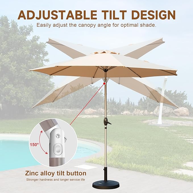 Domi 10FT Patio Umbrella Outdoor Market Umbrella with Silver Aluminum Pole, UV Resistant Canopy, Wind Vent, Tilt & Crank System, Perfect for Patio, Garden, Deck, Pool, Outdoor Dining, Beige