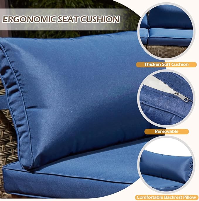 ECOTOUGE Curved Outdoor Sectional Sofa, 3 Piece Half-Moon Rattan Patio Furniture Set, Wicker Conversation Sets with Tempered Glass Round Coffee Table for Pool Backyard Patio Garden(Blue)