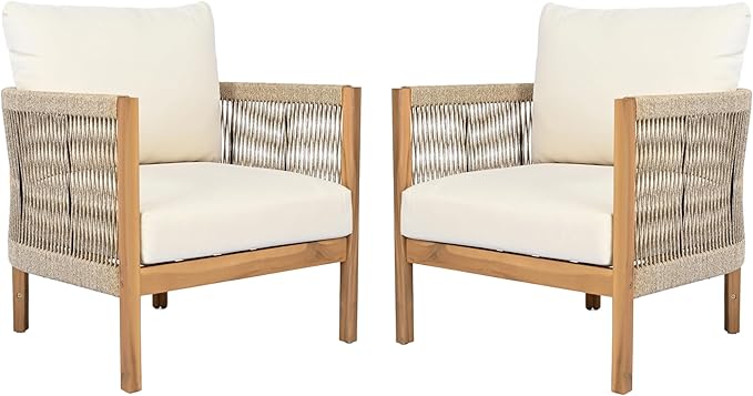 Christopher Knight Home Havets 5 Pieces Outdoor Acacia Furniture Set, Woven Rope Loveseat and Accent Club Chairs, 6" Thick Cushions Sofa and Coffee Table Set for Backyard Garden Balcony, Teak+Beige