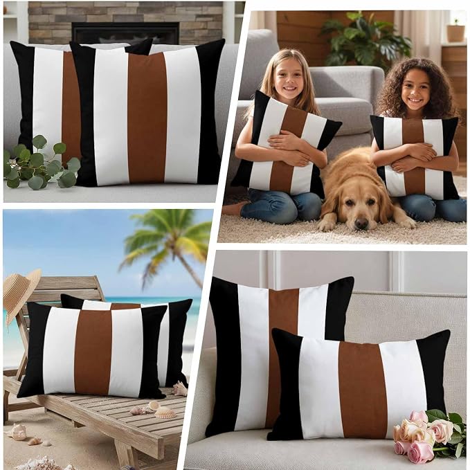 Boho Black Outdoor Waterproof Throw Pillow Covers Set of 2, 20"x12", Brown and White Striped Tribal Farmhouse Style Decorative Pillow Covers Outside Cushion Case for Patio Porch Garden